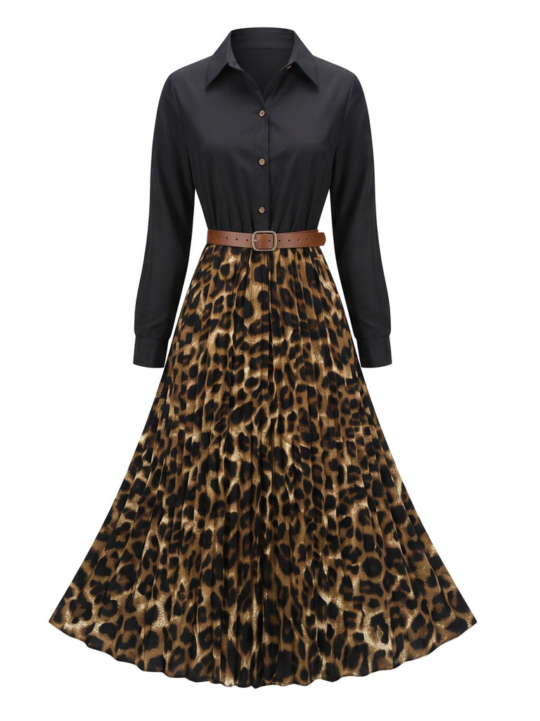 Robe chemise léopard plissée et ceinturée années 1950