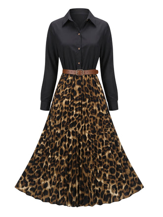 Robe chemise léopard plissée et ceinturée années 1950