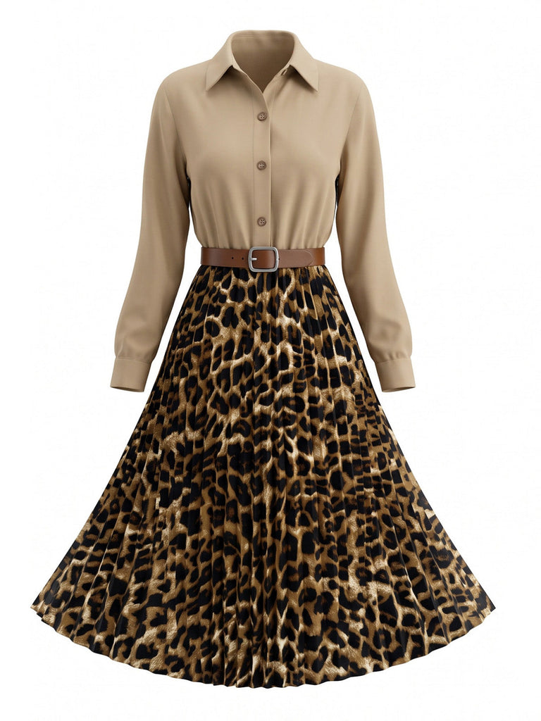 Robe chemise léopard plissée et ceinturée années 1950