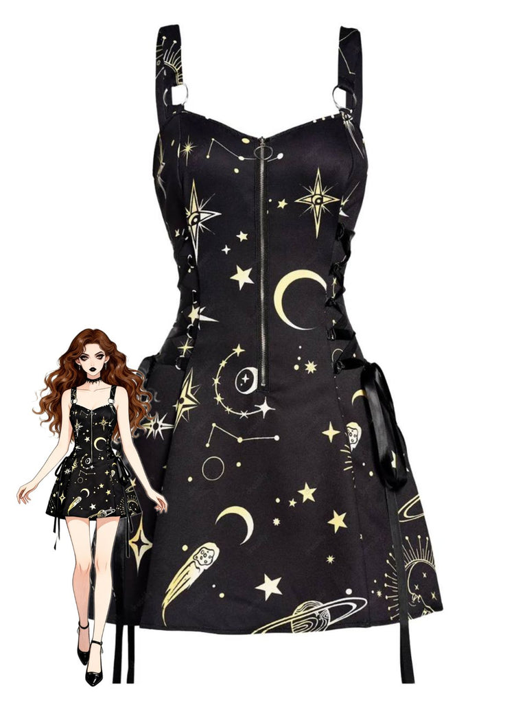 Robe en A d’Halloween à étoiles et lune et larges bretelles années 1960