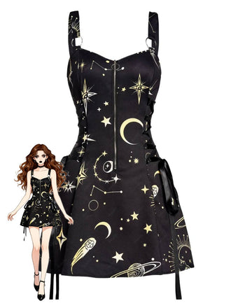 Robe en A d’Halloween à étoiles et lune et larges bretelles années 1960