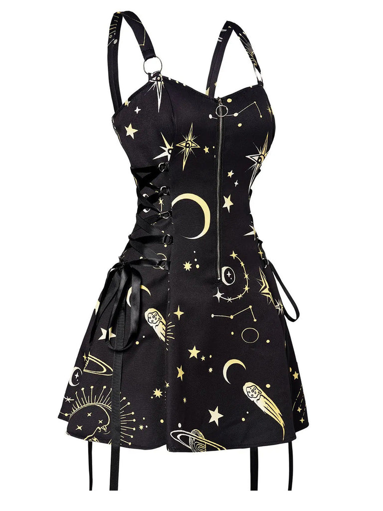 Robe en A d’Halloween à étoiles et lune et larges bretelles années 1960