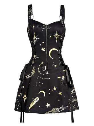 Robe en A d’Halloween à étoiles et lune et larges bretelles années 1960