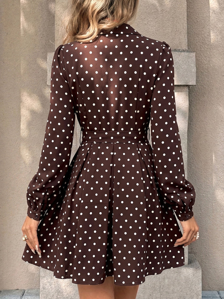 Robe marron à pois, col à revers, boutons et ceinture Années 1960 - 5