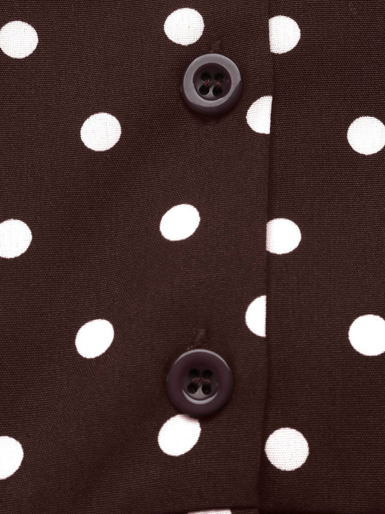 Robe marron à pois, col à revers, boutons et ceinture Années 1960 - 7