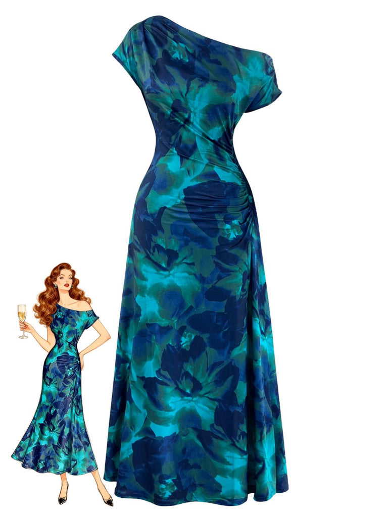 Robe cyan foncé asymétrique à une épaule, fleurs et fronces années 1970