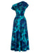 Robe cyan foncé asymétrique à une épaule, fleurs et fronces années 1970