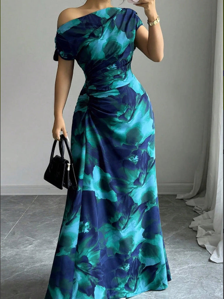 Robe cyan foncé asymétrique à une épaule, fleurs et fronces années 1970
