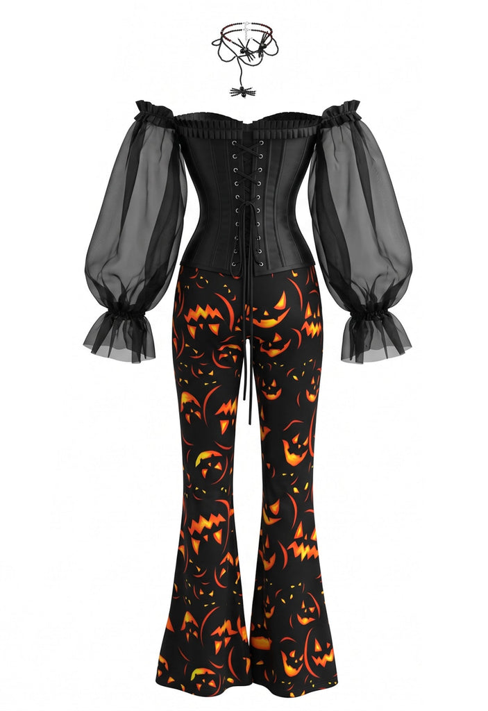 Ensemble 2 pièces gothique à corset transparent et pantalon citrouille années 1970