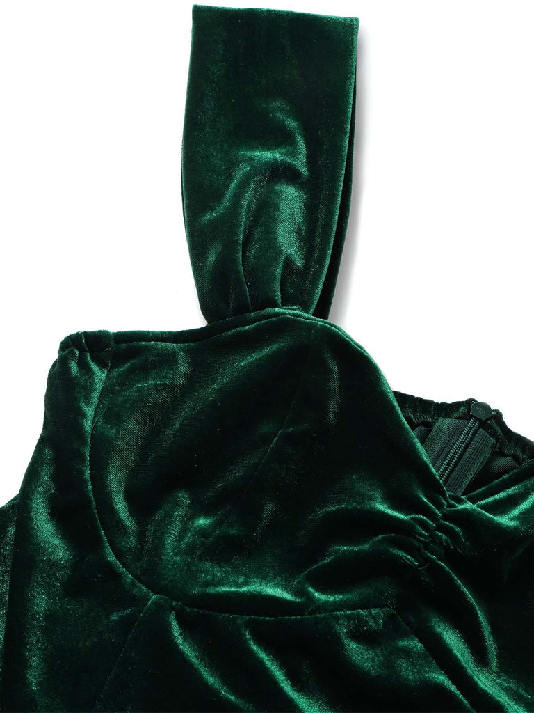 [Prévente] Robe verte en velours à imprimé sapins de Noël Années 1950 - 5
