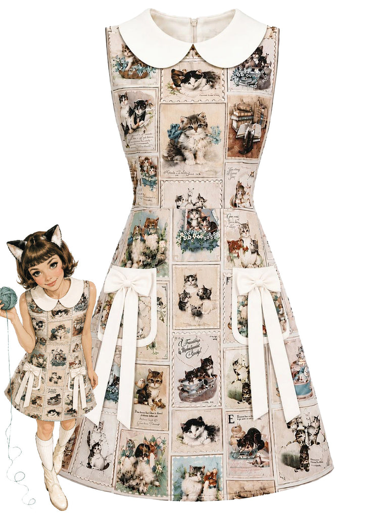 [Prévente] Robe beige à col Claudine et imprimé cartes postales de chats années 1960