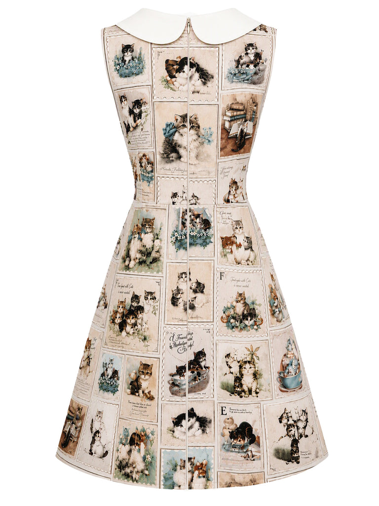 [Prévente] Robe beige à col Claudine et imprimé cartes postales de chats années 1960