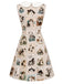 [Prévente] Robe beige à col Claudine et imprimé cartes postales de chats années 1960