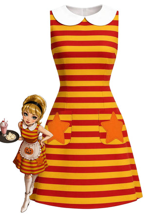 [Prévente] Robe crayon orange à rayures, étoiles et poches années 1960