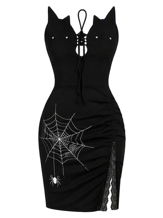 [Prévente] Robe noire d’Halloween à imprimé toile d’araignée et fente années 1990