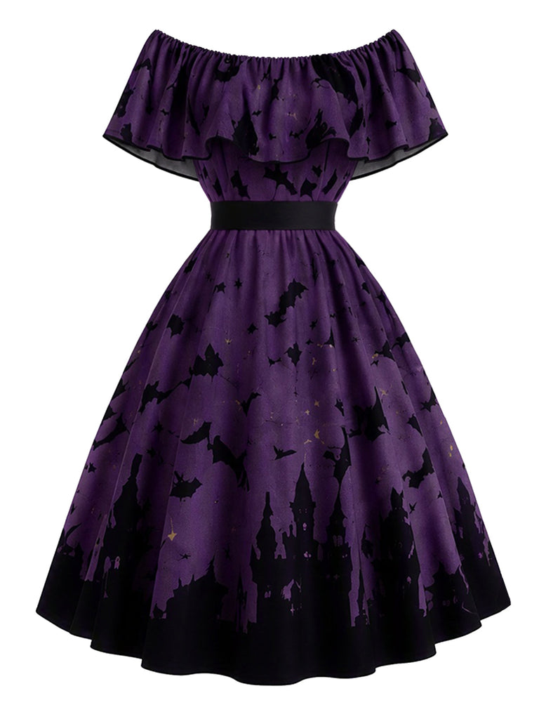 [Prévente] Robe violette évasée à imprimé château et chauves-souris, épaules dénudées années 1950