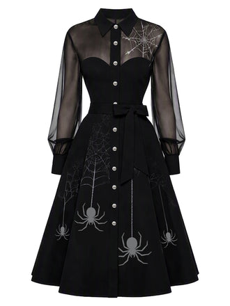 [Prévente] Robe noire d’Halloween en tulle transparent avec empiècement toile d’araignée années 1950