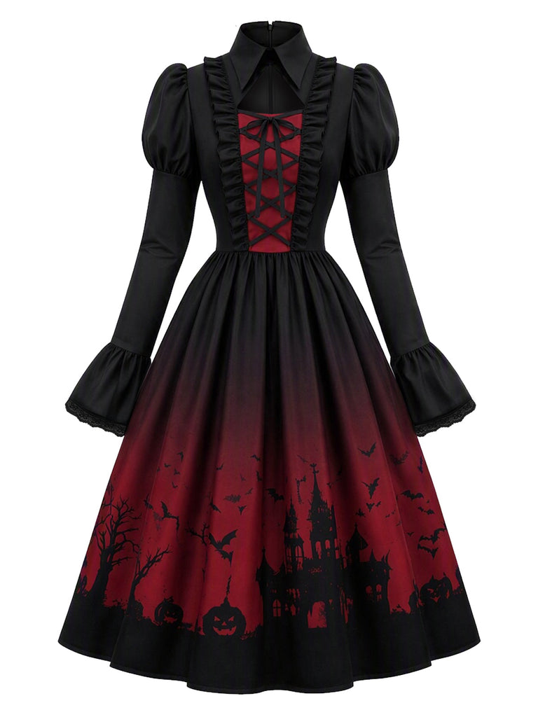 [Prévente] Robe gothique noire d’Halloween à chauves-souris, laçage et volants années 1950