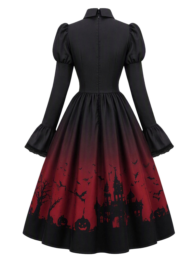 [Prévente] Robe gothique noire d’Halloween à chauves-souris, laçage et volants années 1950