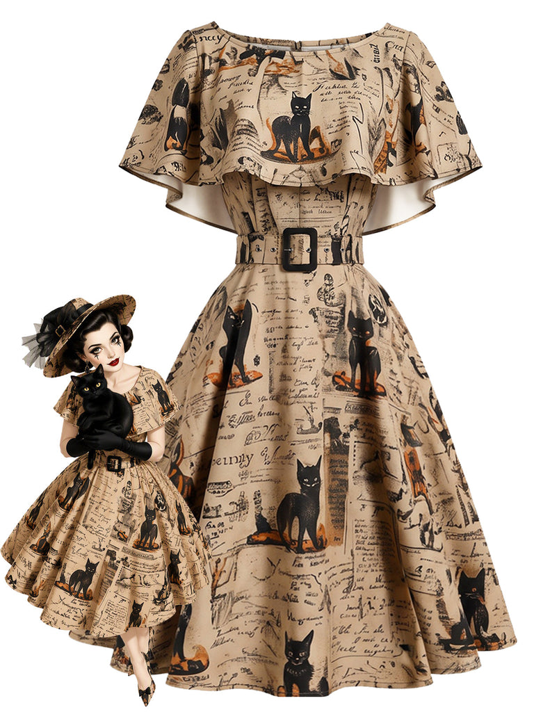 [Prévente] Robe kaki évasée à imprimé journal et chats, capelet et ceinture années 1950