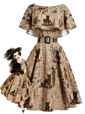 Robe kaki à imprimé journal et chat et ceinture années 1950