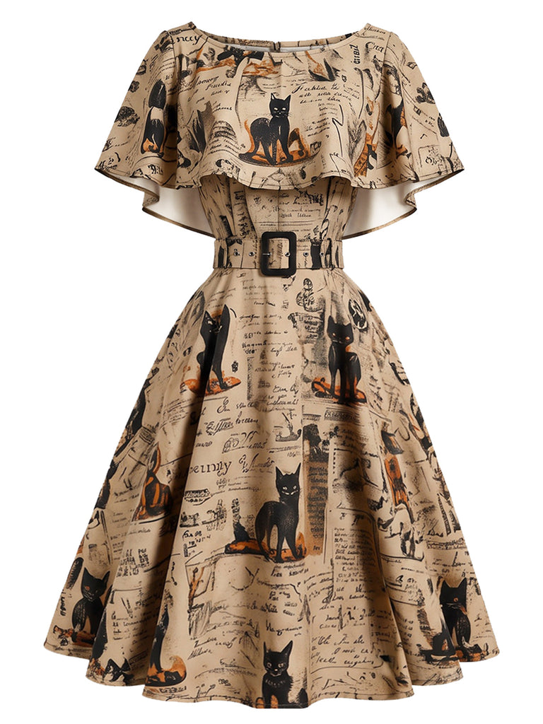 [Prévente] Robe kaki évasée à imprimé journal et chats, capelet et ceinture années 1950