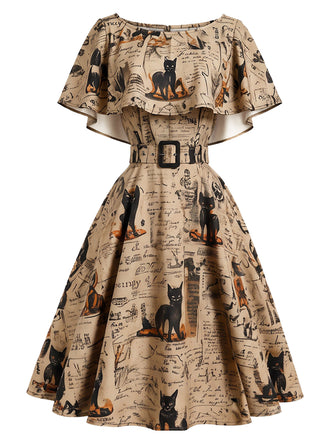 [Prévente] Robe kaki évasée à imprimé journal et chats, capelet et ceinture années 1950