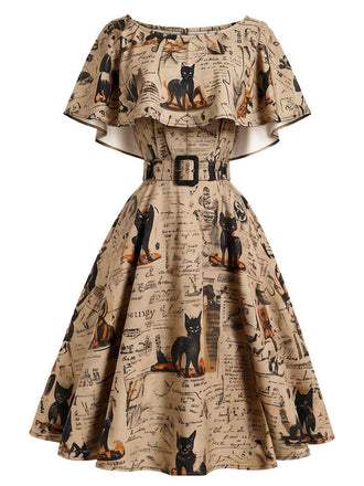 Robe kaki à imprimé journal et chat et ceinture années 1950