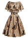 Robe kaki à imprimé journal et chat et ceinture années 1950