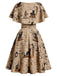 Robe kaki à imprimé journal et chat et ceinture années 1950