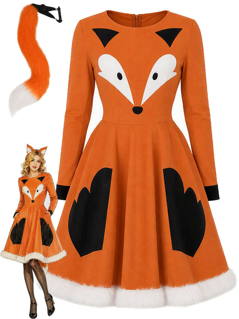 [Prévente] Robe de cosplay orange façon renard bordure fourrure et queue années 50