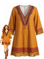 Robe bohème marron col V et franges pompons années 70