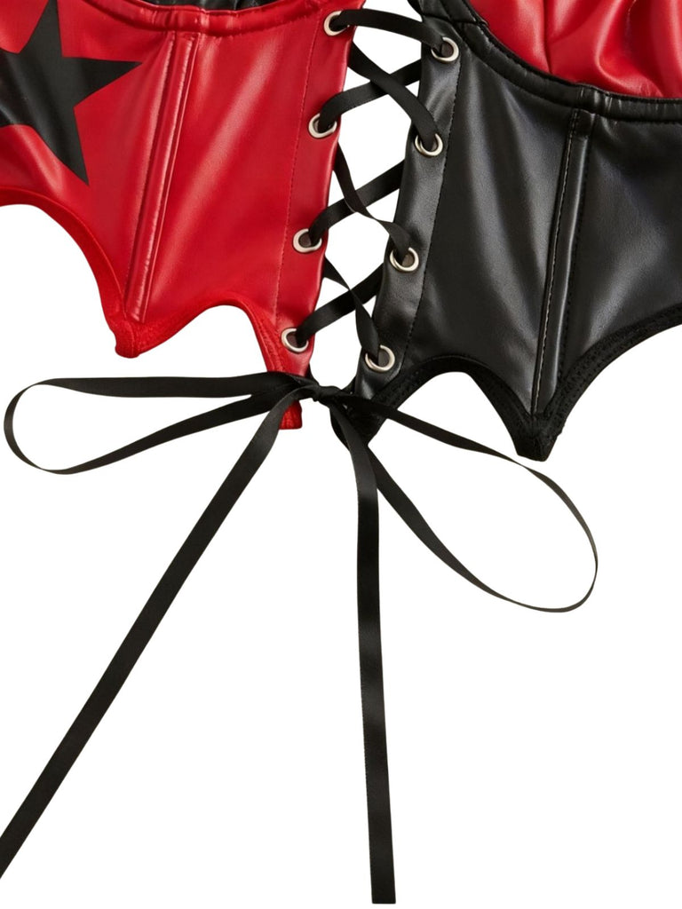 Top corset rouge et noir en similicuir à étoiles et laçage années 1950
