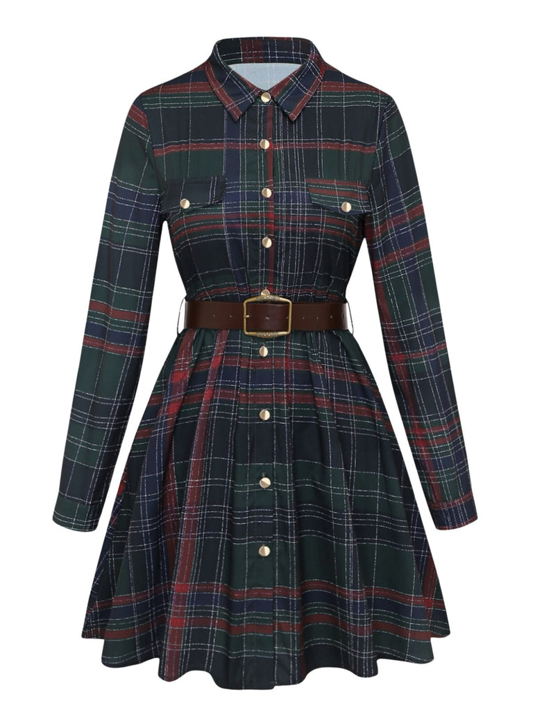 Robe chemise à carreaux, col à revers et ceinture Années 1970 - 1