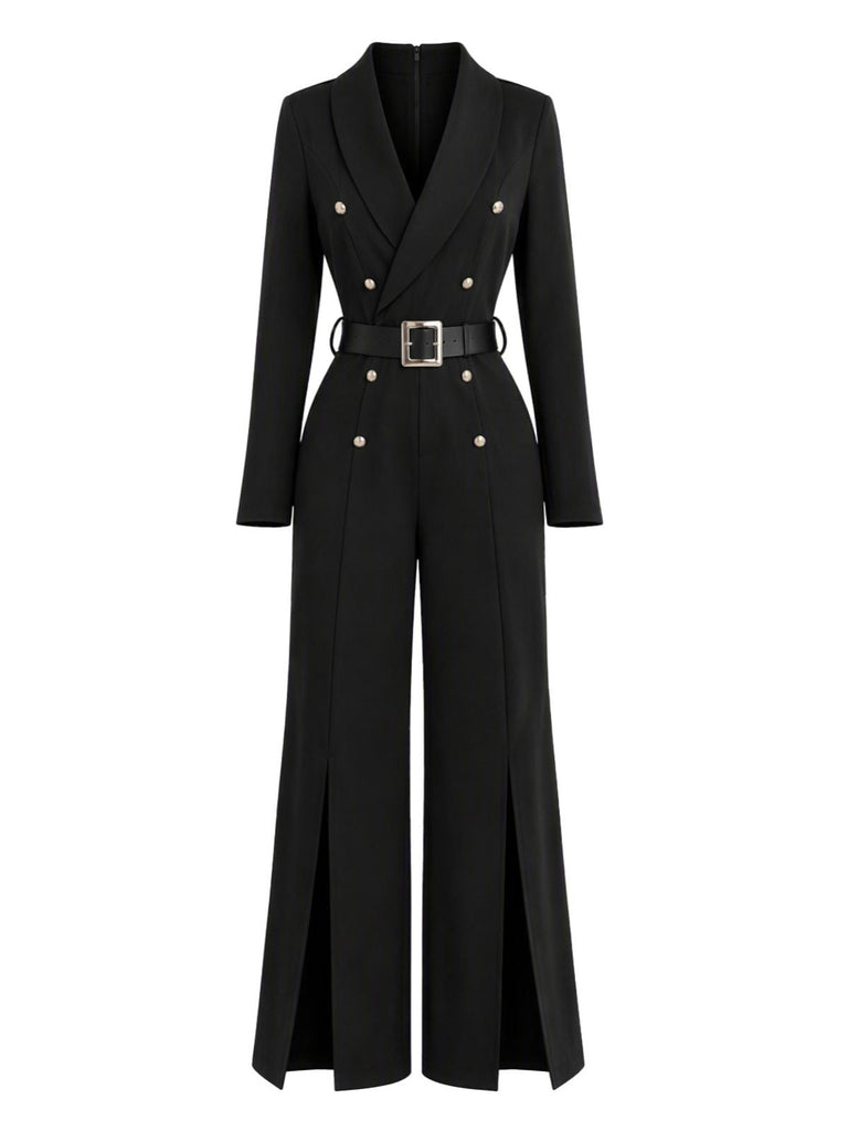 Combinaison noire à revers, double boutonnage, ceinture et fente devant années 1950