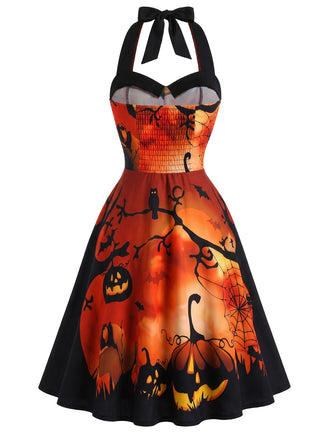 Robe d’Halloween évasée à imprimé citrouille et dos nu Halter années 1950