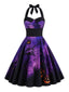 Robe d’Halloween violette évasée à imprimé citrouille Halter années 1950