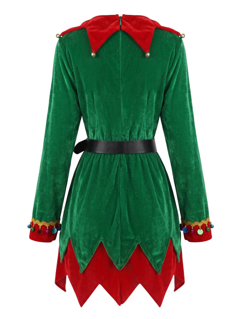 Ensemble costume de lutin de Noël vert en velours à grelots et ceinture Années 1940 - 3