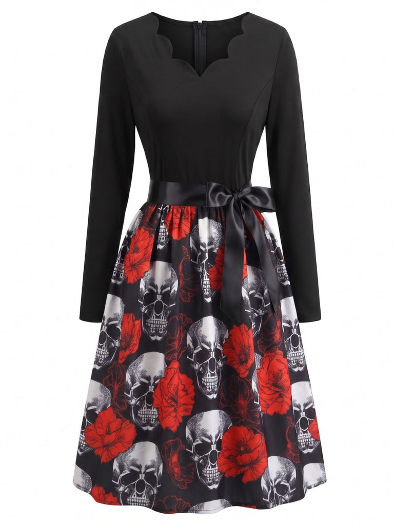 Robe évasée d’Halloween à imprimé et col pétale avec ceinture années 1950