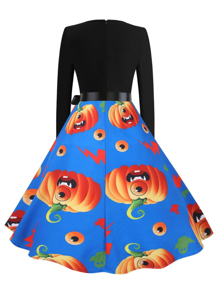 Robe évasée d’Halloween à citrouilles, col pétale et manches longues années 1950