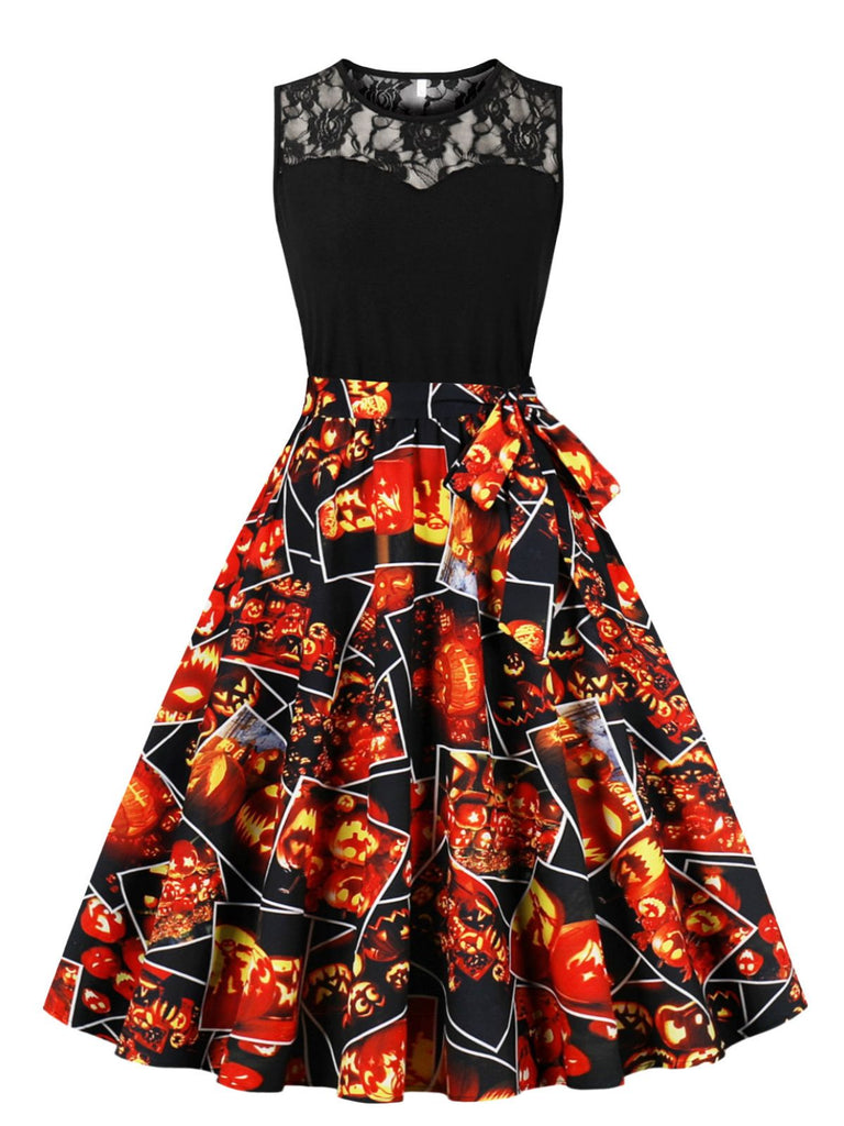 Robe contrastée d’Halloween en dentelle, sans manches et ceinturée années 1950
