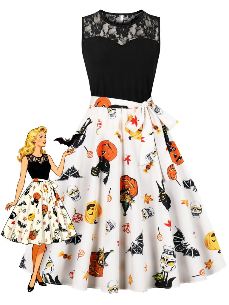 Robe contrastée d’Halloween en dentelle, sans manches et ceinturée années 1950