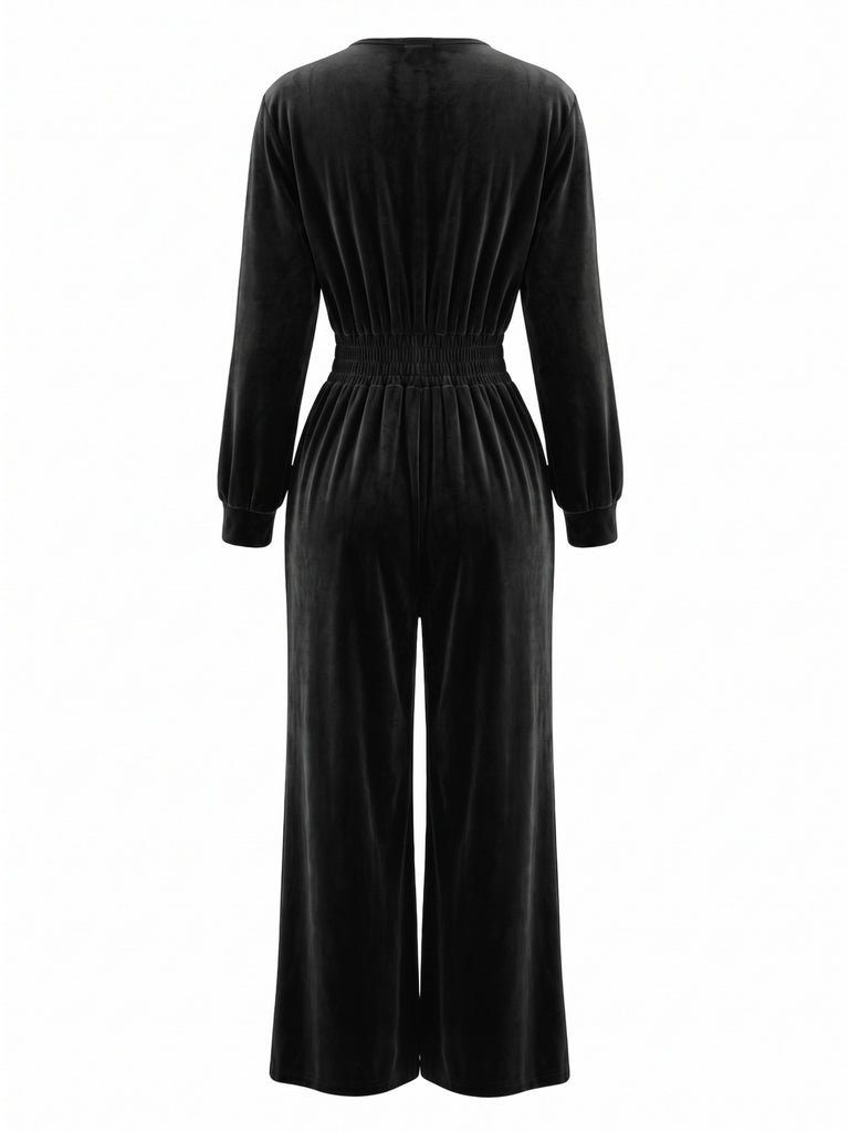 Combinaison velours manches longues col V et taille smockée années 50