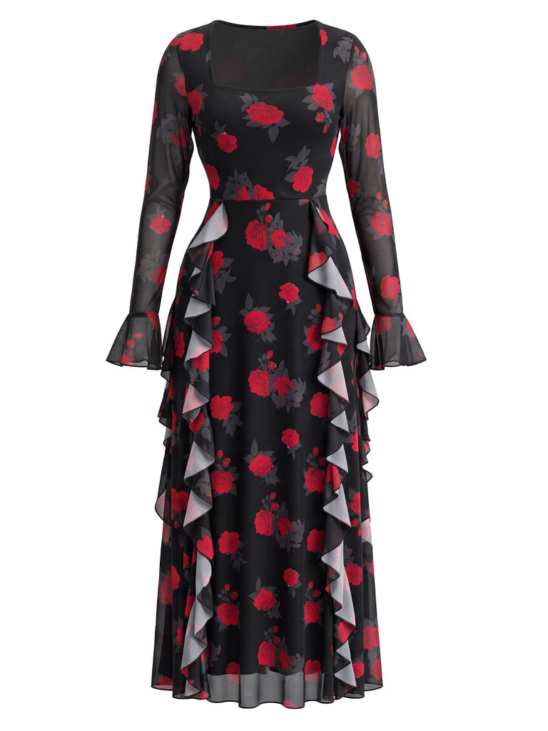 Robe longue léopard à col carré et volants années 1980