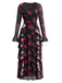 Robe longue léopard à col carré et volants années 1980