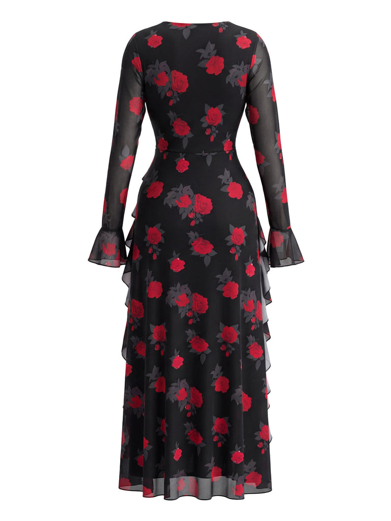 Robe longue léopard à col carré et volants années 1980