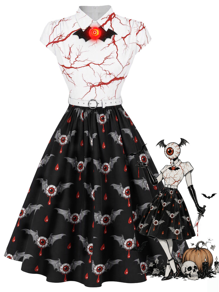 [Prévente] Robe noire d’Halloween à imprimé globes oculaires ensanglantés et chauves-souris années 1950