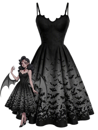 [Prévente] Robe gothique noire évasée à chauves-souris et fines bretelles années 1950