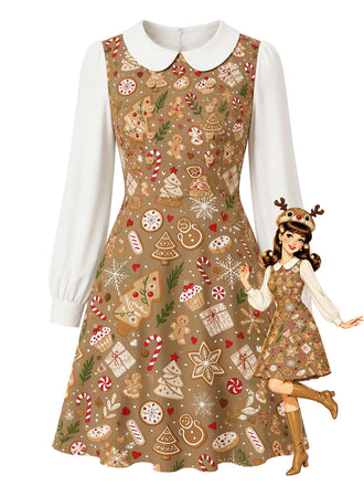 [Prévente] Robe marron à imprimé pain d’épices et col Claudine années 1960