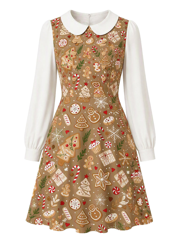 [Prévente] Robe marron à imprimé pain d’épices et col Claudine années 1960